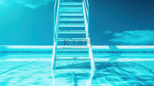 梯子工具背景图片_蓝色游泳池梯子的双色调 3D 渲染
