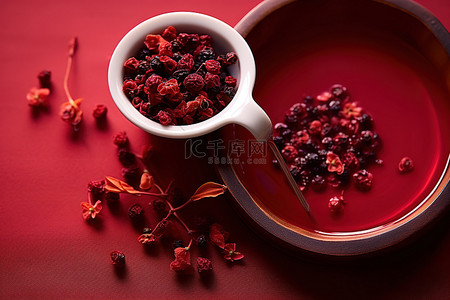 浆果红背景图片_煎茶蔓越莓茶，红布上放满浆果的勺子