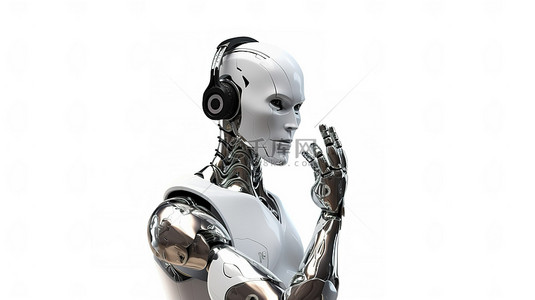 人你好背景图片_孤立的白色背景，具有 3D 渲染人工智能和凸起耳机的手的机器人或机器人