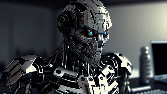 银灰色科技背景图片_机器人蓝色眼睛银灰色背景