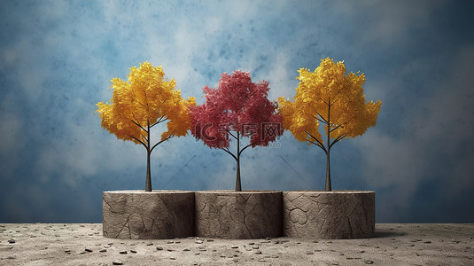 3 棵树，叶子五颜六色，在有纹理的土壤讲台上 3d 渲染