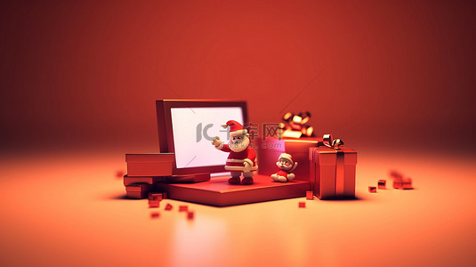 在线圣诞礼物圣诞老人给你礼物的 3D 渲染插图