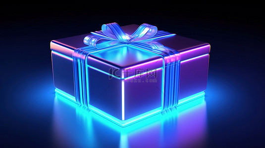 蓝色背景的礼品背景图片_带彩虹照明的蓝色礼品盒的 3D 渲染