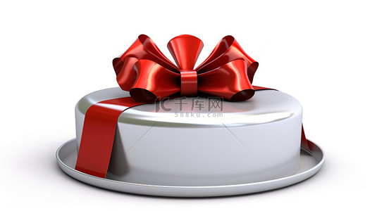 闪亮的金属克洛什和优雅的白色礼盒，带有红色蝴蝶结，呈现在干净的白色背景逼真的 3D 渲染上