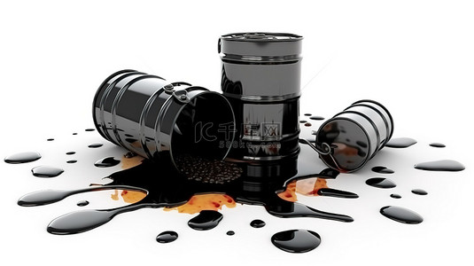 危机背景图片_油桶溢出在白色背景上的抽油泵旁边 3D 插图，带有文本空间