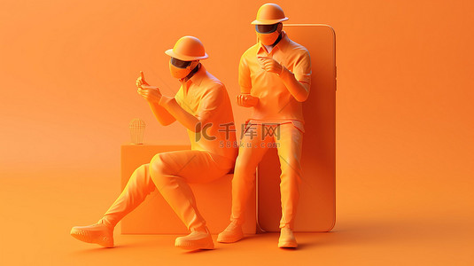 准备开抢背景图片_橙色背景下配备设备和智能手机的板球运动员的比赛准备 3D 渲染