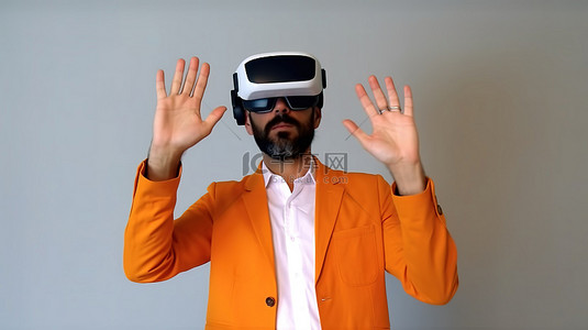 手势指着你背景图片_3d 虚拟现实建筑师戴着橙色头盔并做手势
