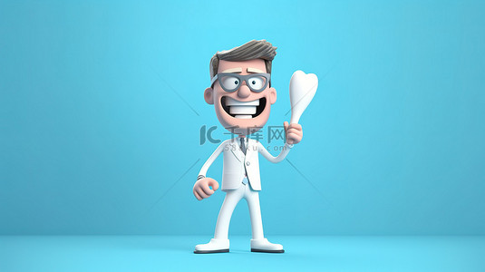 牙治疗背景图片_卡通风格 3D 插图牙医拿着牙刷和牙齿进行口腔卫生和治疗