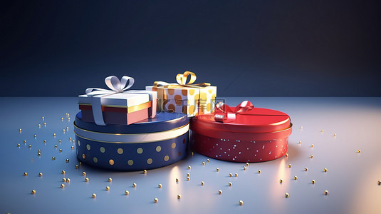 蓝色背景的礼品背景图片_圣诞和新年概念蓝色背景，地板上有红白金礼盒点图案和丝带