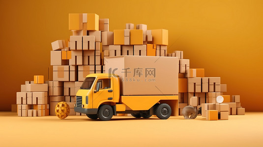 物流箱子背景图片_物流的 3D 插图，具有复制空间，其中包括一辆装满箱子的卡车
