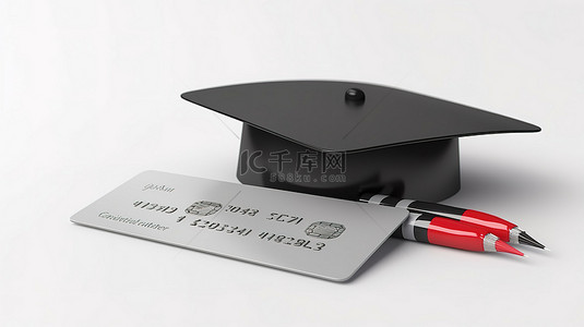 白色背景上带有毕业帽的信用卡的 3D 渲染