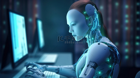 自动化工作场所中女性机器人或机器人的台式计算机操作