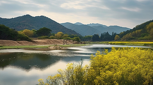 河流和山脉的金色大花 韩国 韩国风景艺术