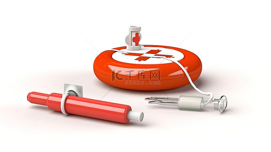 医用胶黏剂背景图片_白色背景与孤立的救生圈和医用注射器的 3D 插图