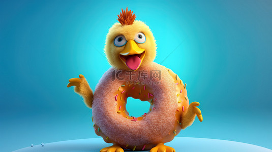 农场鸡背景图片_搞笑的 3D 描绘，一只鸡拿着一个美味的甜甜圈
