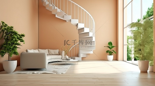 螺旋楼梯突出了客厅 3D 渲染的干净而温馨的氛围