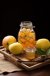 茶背景图片_木桌上的芒果蜂蜜和水果