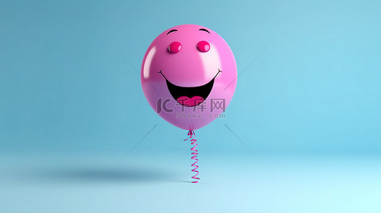 粉红色卡通气球背景图片_3D 渲染快乐的蓝色背景与咧嘴笑的粉红色气球