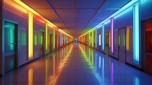办公学校酒店或医院现代长走廊的极端特写 3D 渲染，用鲜艳的彩灯照明