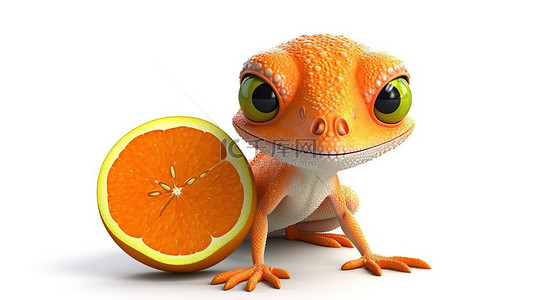 爬行动物背景图片_幽默的 3D 爬行动物人物抓着橙子