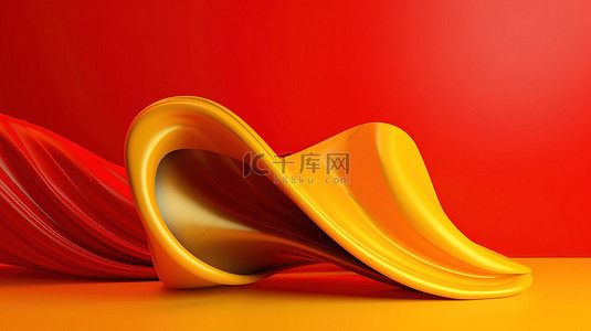 带有 3d 元素的 3d 渲染黄色背景上充满活力的红色抽象波浪