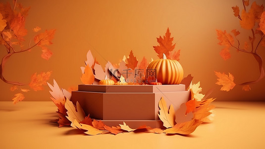 橙色秋叶背景图片_秋叶主题讲台盒，橙色 3D 渲染，季节性背景