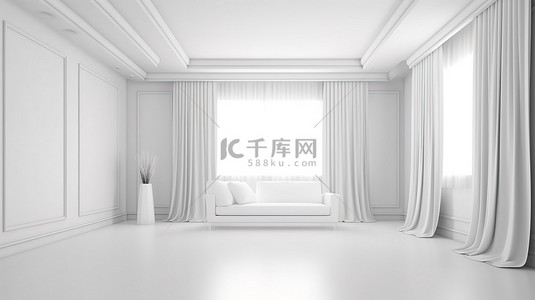 以 3D 方式创建的宽敞华丽的全白色房间内部