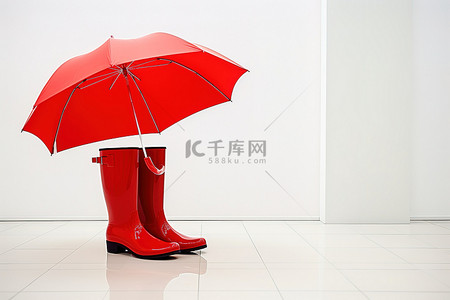 雨伞白色背景图片_白色地板上的红色靴子和雨伞