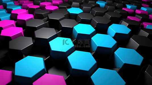 科技3背景图片_黑蓝色和粉色六边形图案的 3D 渲染