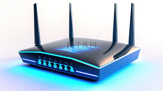 白色背景的 3D 渲染与现代 WiFi 路由器具有发光的蓝色信号箭头