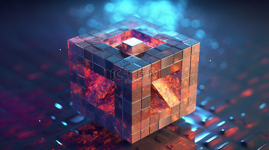 代表加密货币世界的立方体像素化抽象背景上以太坊徽标的 3D 插图
