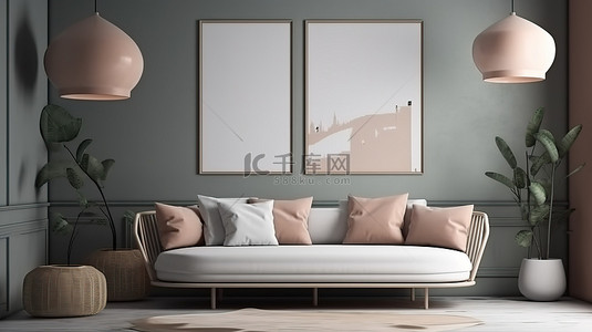 极简主义 3D 室内设计与现代沙发和吊灯框架样机渲染