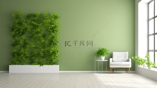 带有绿色墙壁木地板和窗户的白色椅子的 3D 渲染