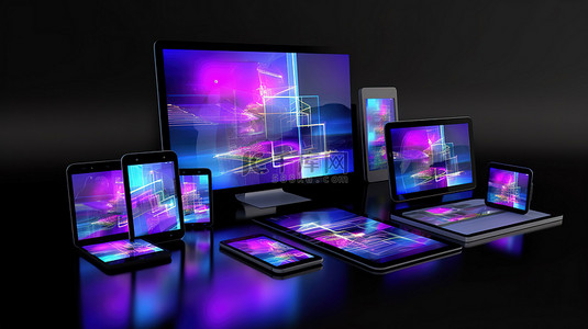 电脑平板电脑和智能手机上响应式网站的 3D 渲染