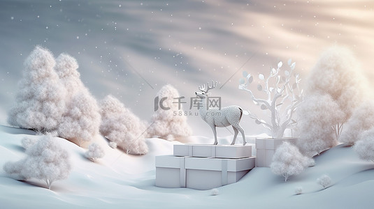节日冬季 3D 场景，配有圣诞树驯鹿和礼品盒
