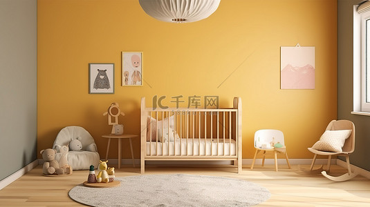 儿童身高树背景图片_带婴儿床的托儿所正面视图的 3D 渲染