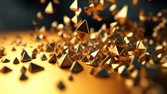 黄金抽背景图片_落下的黄金三角形的软焦点 3D 渲染
