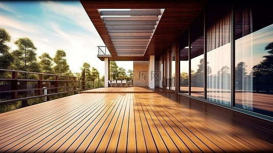 现代房屋立面的令人惊叹的 3D 插图，从木甲板上可以看到华丽的内部景观