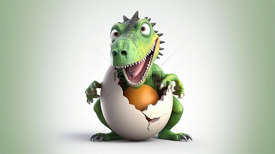 搞笑的 3D 恐龙人物抓着一个巨大的鸡蛋