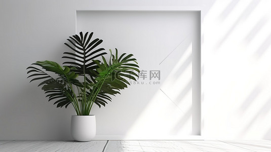 白墙背景的 3D 渲染，带有由叶影和阳光突出显示的空白黑色水平框架模型