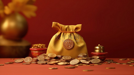 新年或卡背景图片_财富袋或珍贵的袋子与金币背景 3D 渲染中国新年贺卡