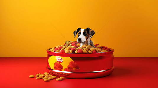 黄色背景红碗中干粮狗粮袋包装的 3D 渲染