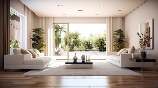 现代别墅客厅 3d 空间渲染，配有时尚沙发和躺椅