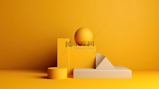 黄色背景下空置几何讲台的时尚设计，非常适合展示产品创意 3D 视觉效果