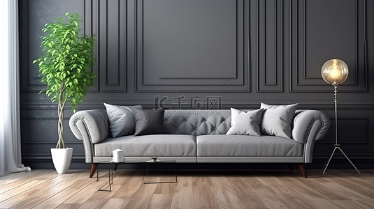 现代客厅配有灰色沙发和木地板，装饰有 3D 内部背景上的装饰花瓶