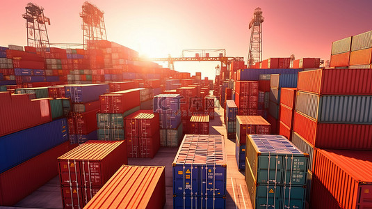 物流货物背景图片_港口工业物流的海运集装箱和 3D 插图中的进出口概念