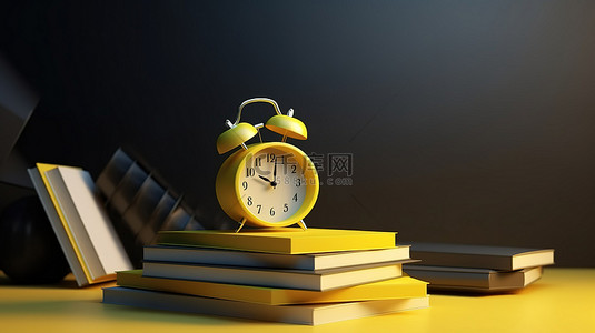 教育主题的 3D 渲染黄色闹钟，上面有一堆书籍和铅笔，供您设计模型