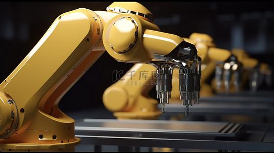 工厂机器人手臂工业自动化的 3D 渲染
