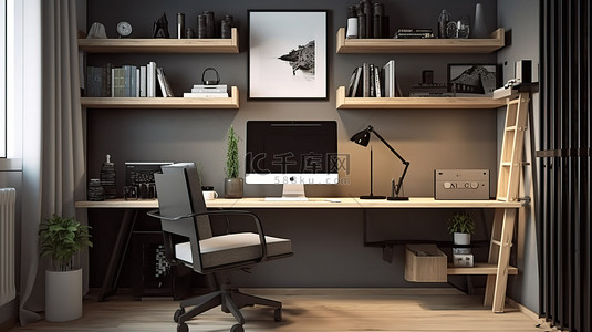 带有电脑桌别致办公用品和时尚装饰的家庭办公室的美学工作站 3d 渲染
