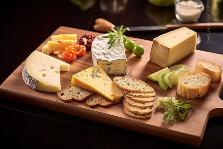 蓝莓奶酪背景图片_板上不同类型的食物面包和奶酪